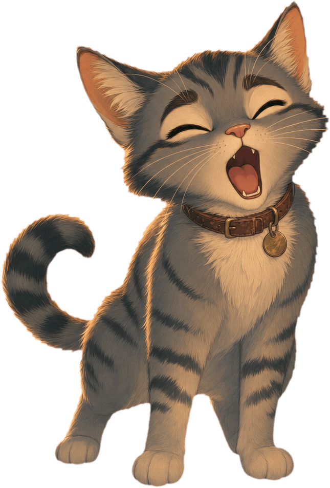 An illustrated grey tabby cat mid-meow — eyes squeezed shut, mouth open, head tilted back.